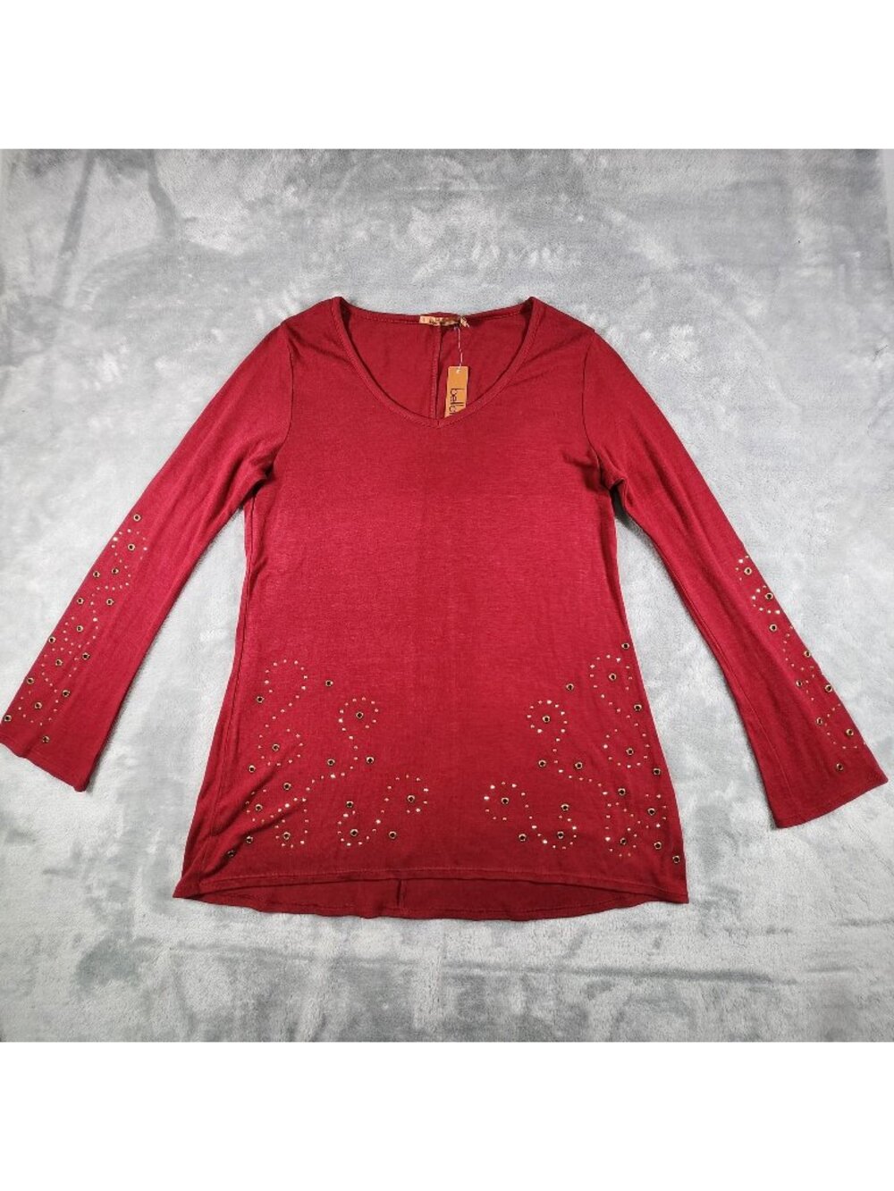 Belldini Embellished Hi Low Tunic Top Large Bell Sleeve Edgy Biker Rocker Chic